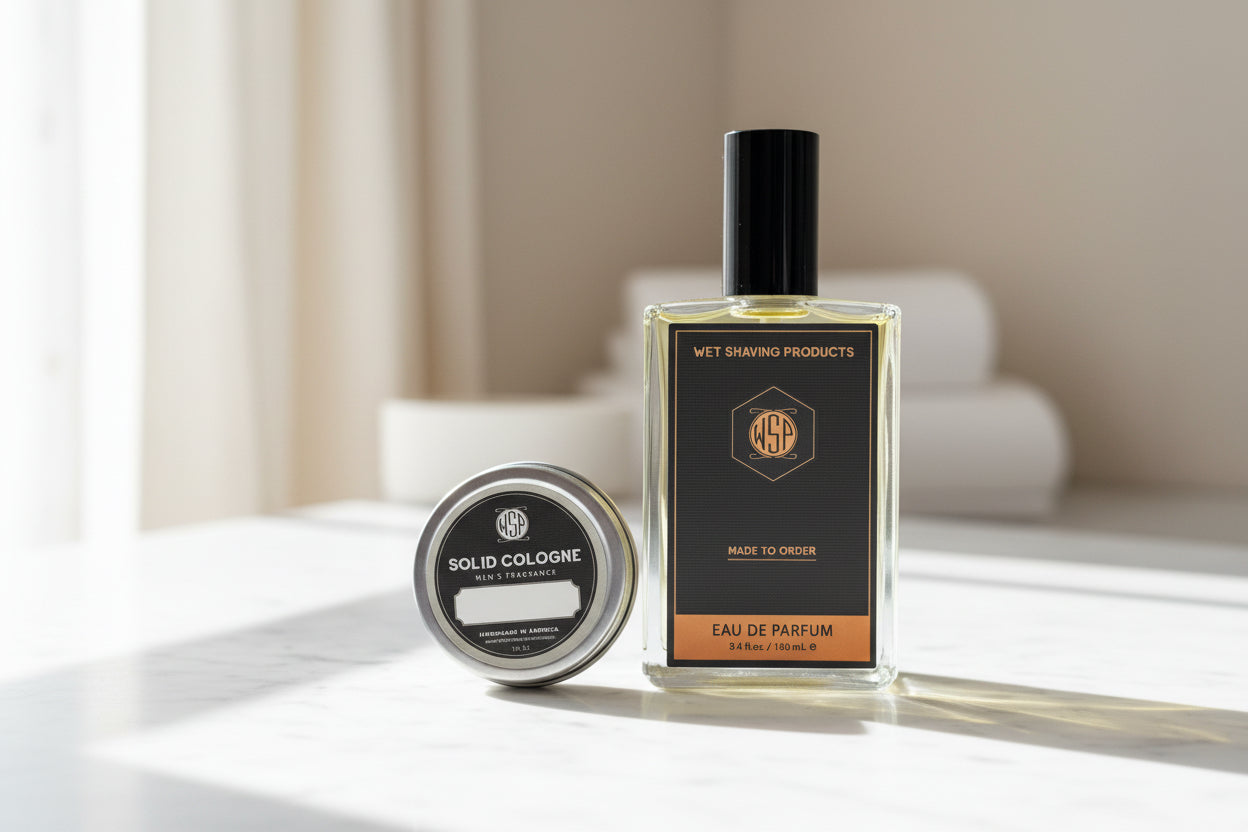 Bottle of eau de parfum and solid cologne on a wooden surface with a blurred background