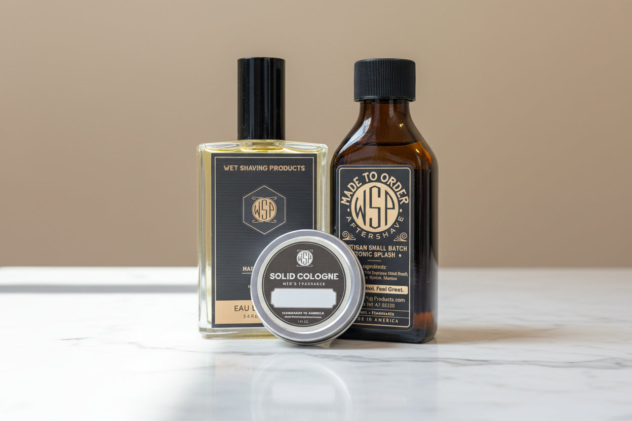 Three bottles of grooming products on a wooden surface with a blurred background