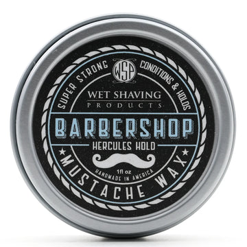 Front view of Hercules Hold Mustache Wax tin with 'Barbershop' fragrance label