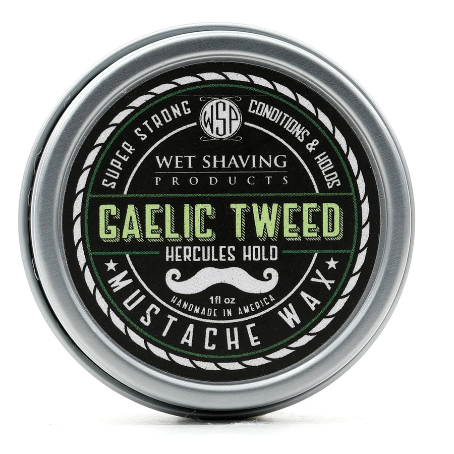 Front view of Hercules Hold Mustache Wax tin with 'Gaelic Tweed' fragrance label.
