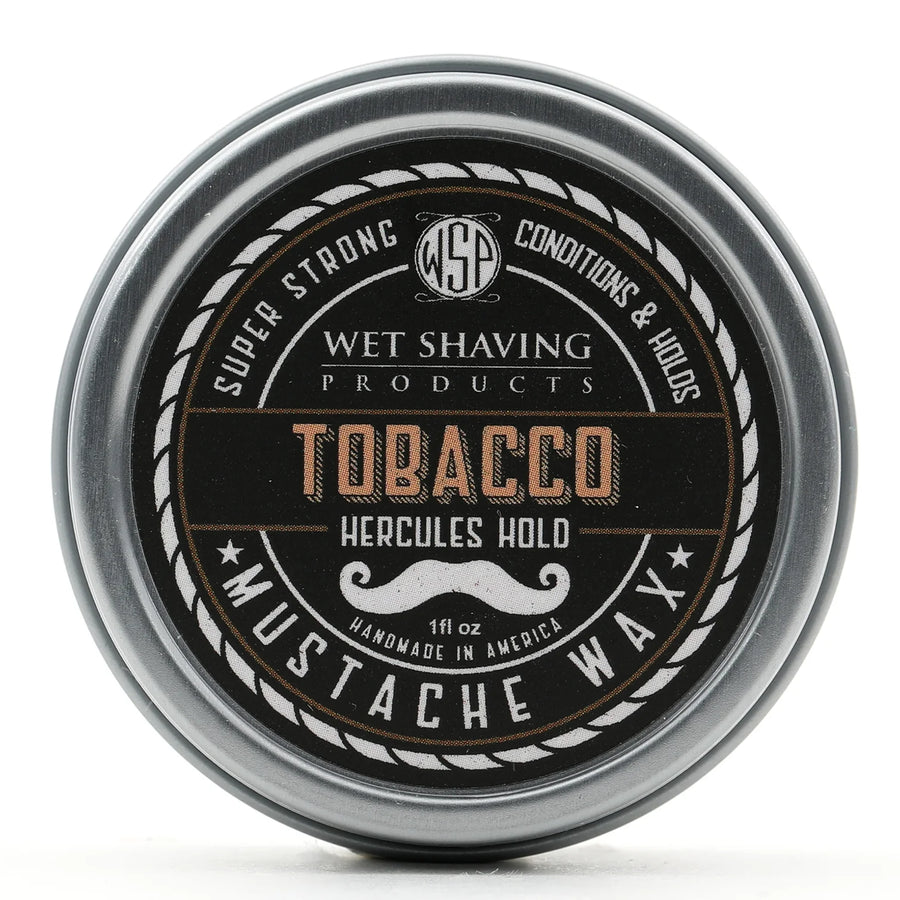 Front view of Hercules Hold Mustache Wax tin with 'Tobacco' fragrance label.