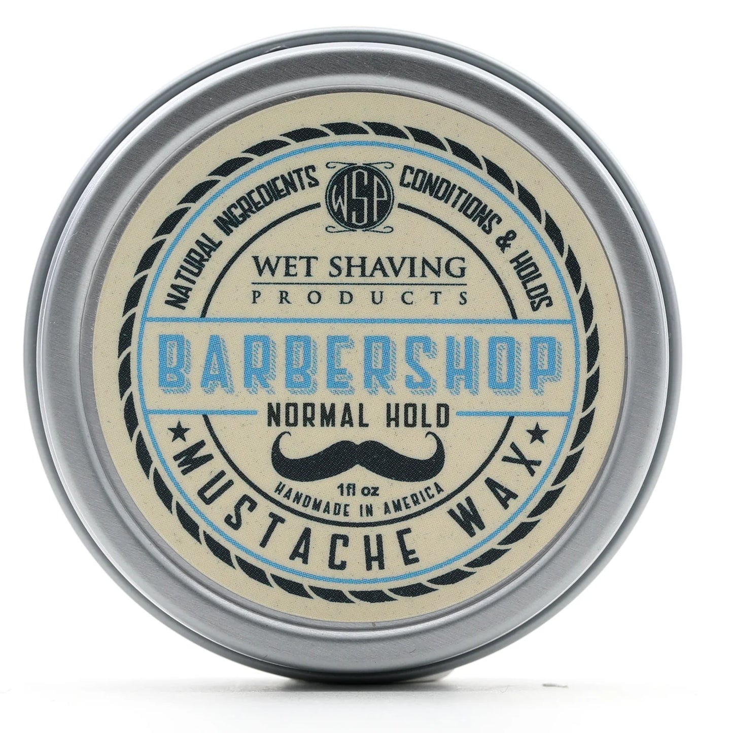 Front view of Normal Hold Mustache Wax tin with 'Barbershop' fragrance label.