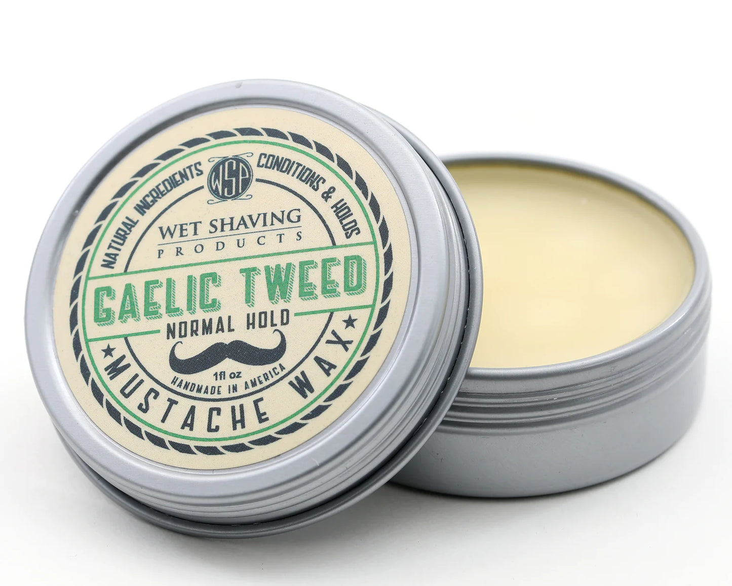 Open Normal Hold Mustache Wax tin with 'Gaelic Tweed' scent, lid leaning against the base.