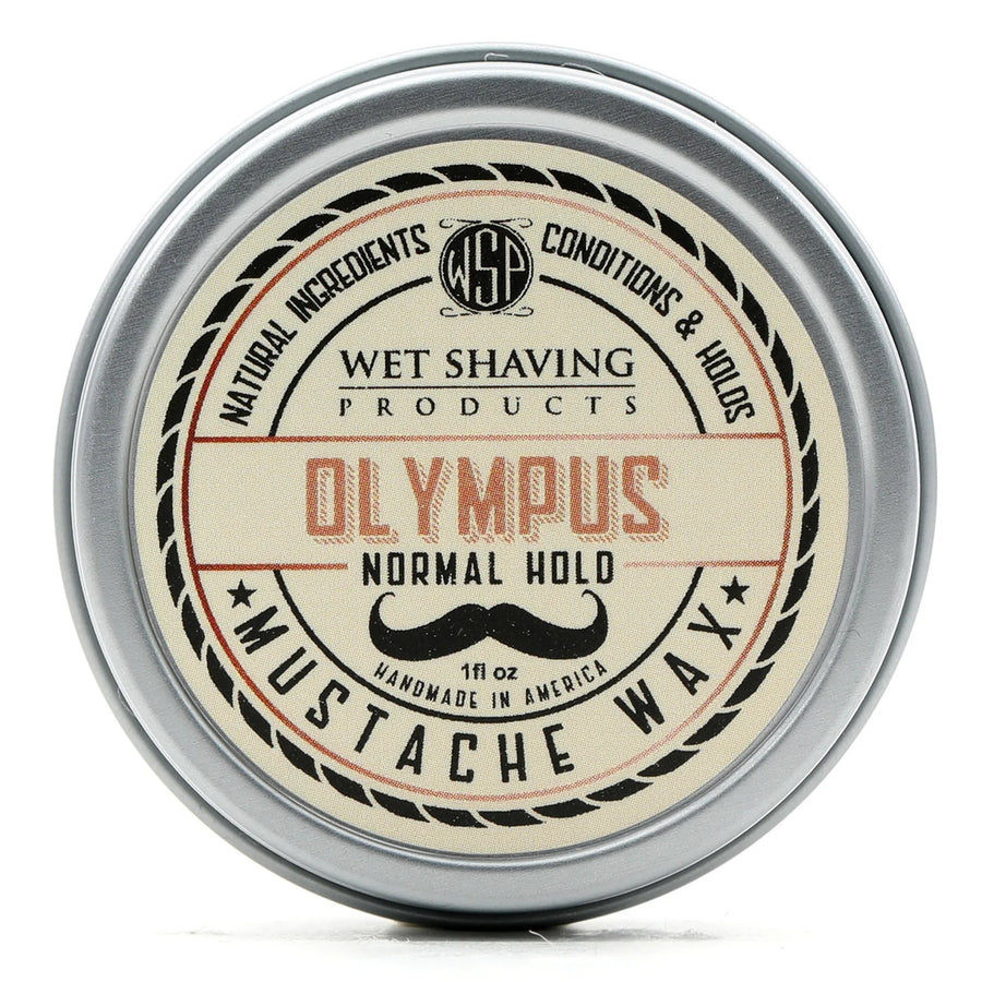 Front view of Normal Hold Mustache Wax tin with 'Olympus' fragrance label.
