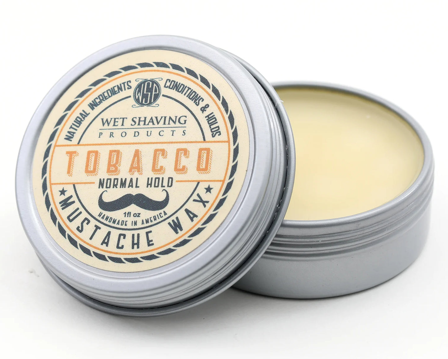 Open Normal Hold Mustache Wax tin with 'Tobacco' scent, lid leaning against the base.