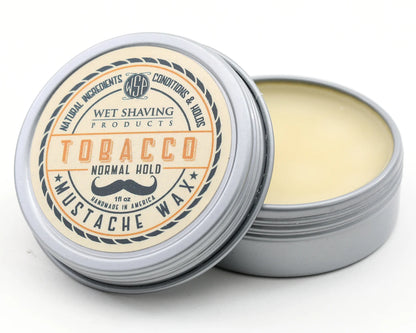 Open Normal Hold Mustache Wax tin with 'Tobacco' scent, lid leaning against the base.