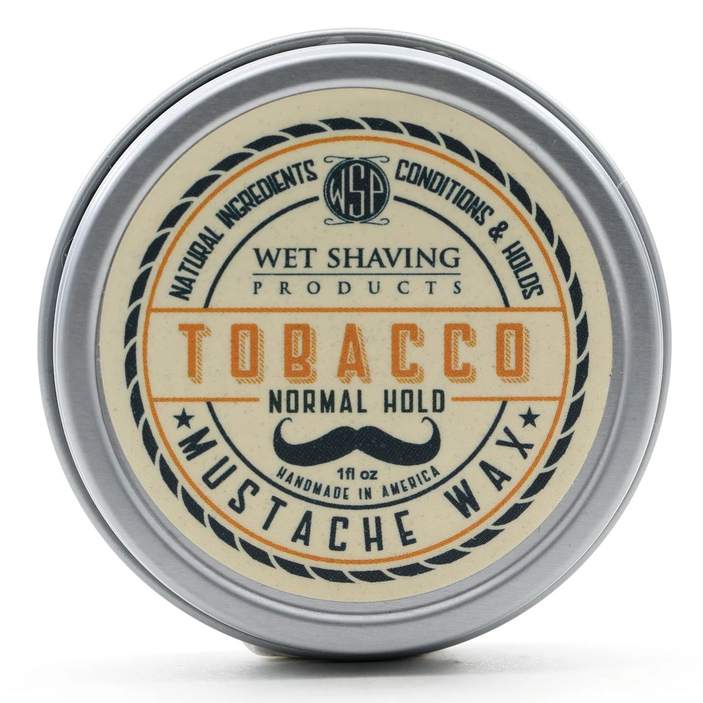 Front view of Normal Hold Mustache Wax tin with 'Tobacco' fragrance label.