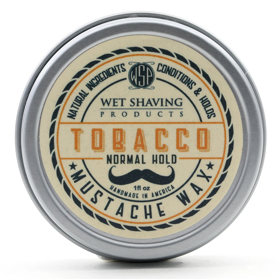 Front view of Normal Hold Mustache Wax tin with 'Tobacco' fragrance label.