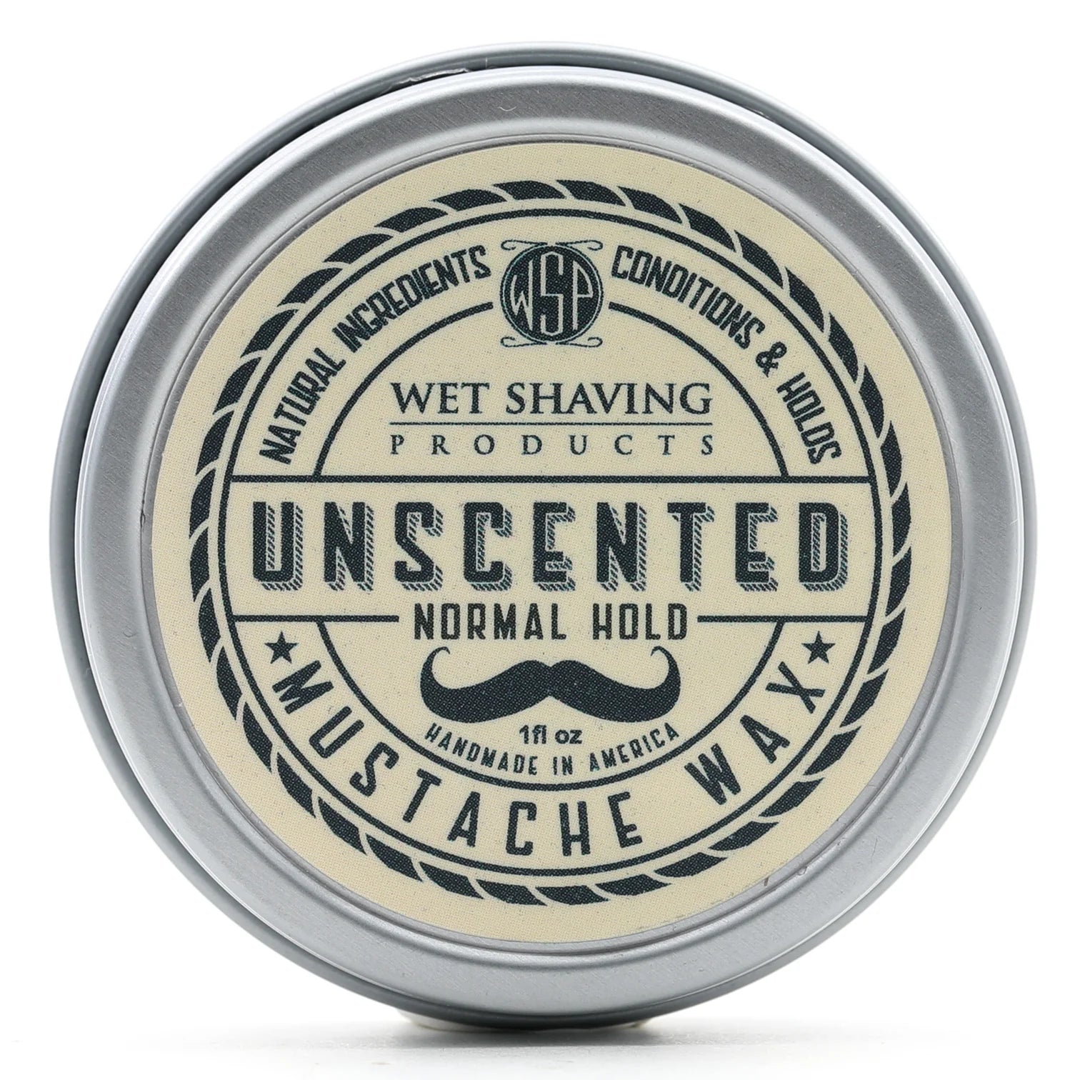 Open Normal Hold Mustache Wax tin with 'Tobacco' scent, lid leaning against the base.