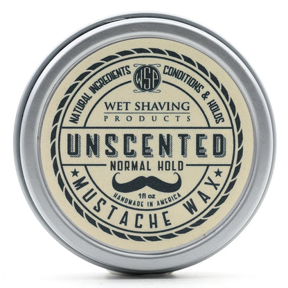 Open Normal Hold Mustache Wax tin with 'Tobacco' scent, lid leaning against the base.