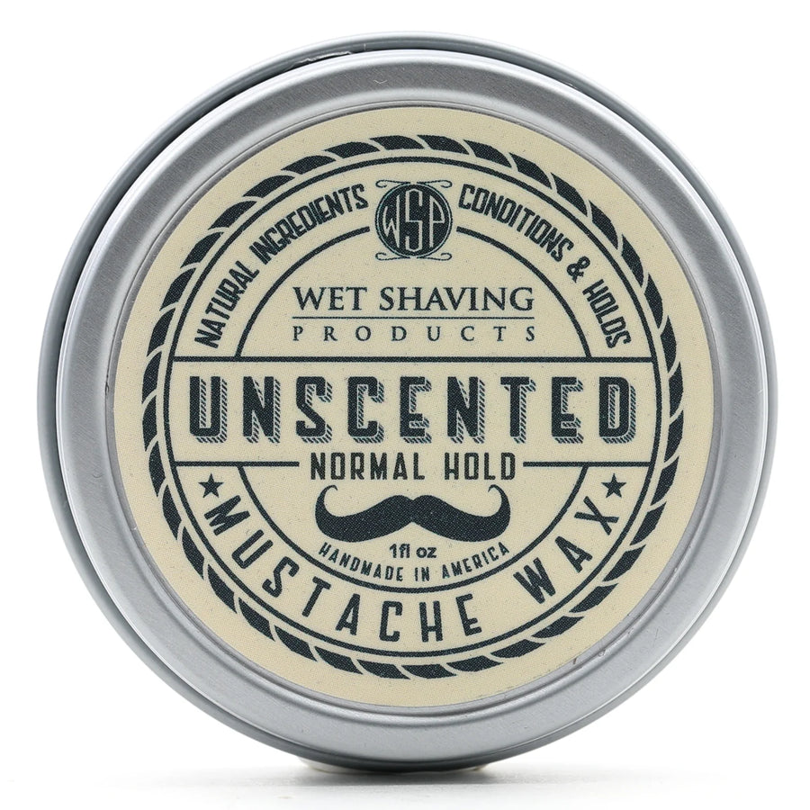 Open Normal Hold Mustache Wax tin with 'Tobacco' scent, lid leaning against the base.