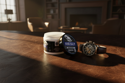 wsp scented to order hand balm Centered on a rich, dark brown full-grain leather surface showing slight wear and texture, next to a luxury mechanical wrist watch with a leather strap, warm golden hour light streaming from the side creating deep dramatic shadows, out of focus background suggesting a sophisticated dimly lit study or lounge, cinematic atmosphere, photorealistic render, 8k resolution.
