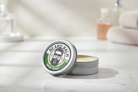 Beard balm container with a label featuring a beard illustration on a white surface.