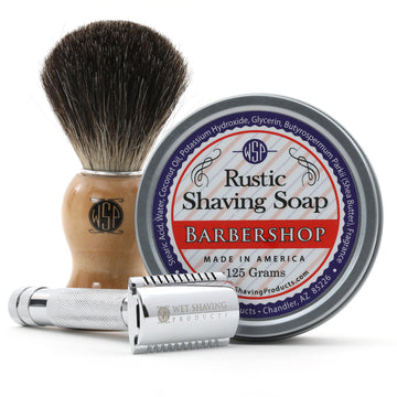 Wet Shaving Starter Kit (Badger Brush, Rustic Shave Soap 4 oz, & Safety Razor)