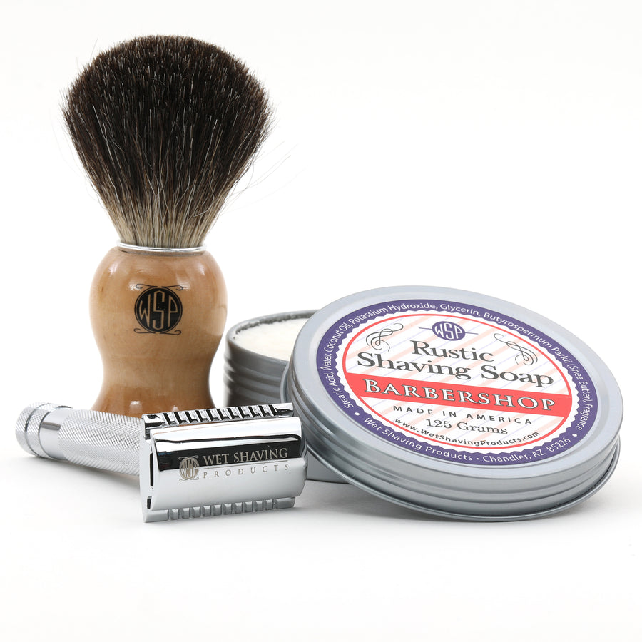 Wet Shaving Starter Kit (Badger Brush, Rustic Shave Soap 4 oz, & Safety Razor)